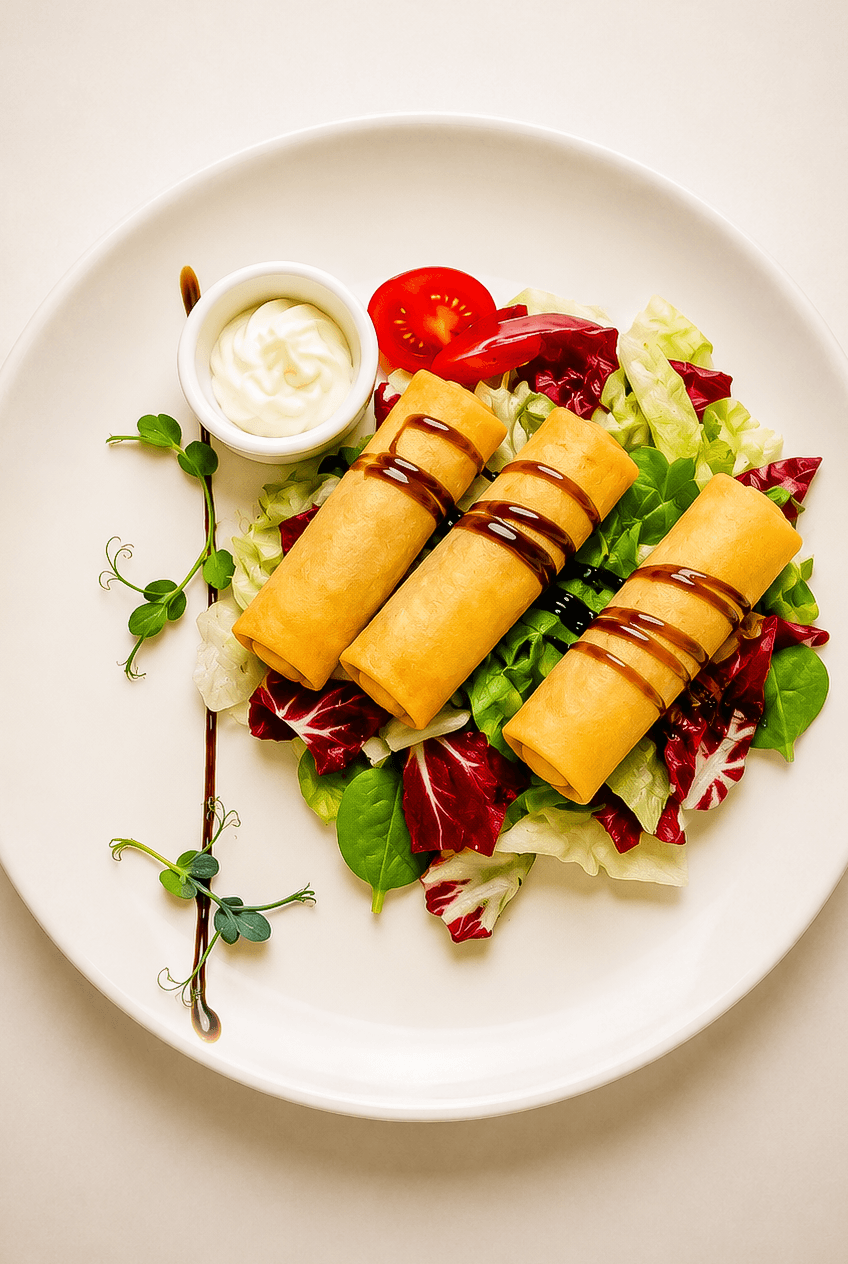 Foi de orez cu branza de capra, ciuperci și reducție de oțet balsamic, alături de trio de salate