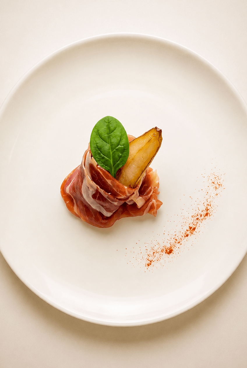 Bărcuță de pară confiată învelită în prosciutto